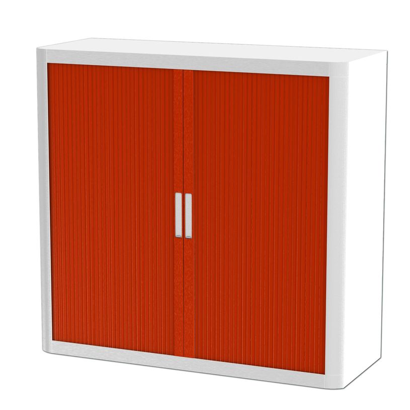 3660141930108-Armoire mi-haute à rideaux EASY OFFICE - 110 x 104 x 41,5 cm - Corps et poignée blanc - Rideaux rouge--0