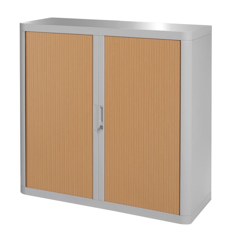 3660141930146-Armoire mi-haute à rideaux EASY OFFICE - 110 x 104 x 41,5 cm - Corps et poignée gris - Rideaux imitat--0