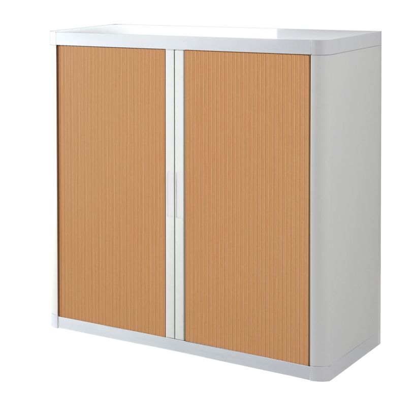 3660141930184-Armoire mi-haute à rideaux EASY OFFICE - 110 x 104 x 41,5 cm - Corps et poignée blanc - Rideaux imita--0
