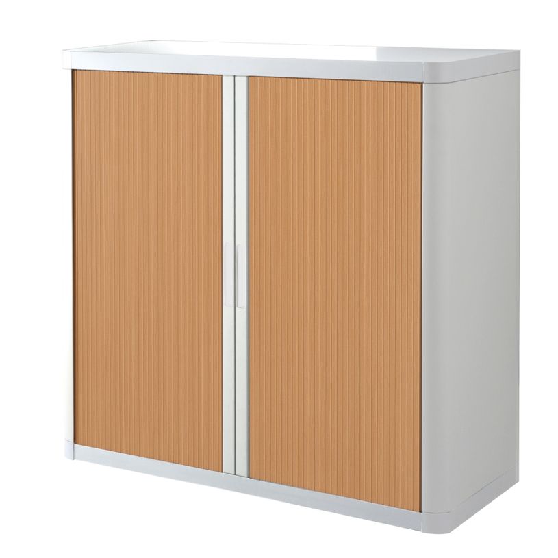 3660141930184-Armoire mi-haute à rideaux EASY OFFICE - 110 x 104 x 41,5 cm - Corps et poignée blanc - Rideaux imita--0