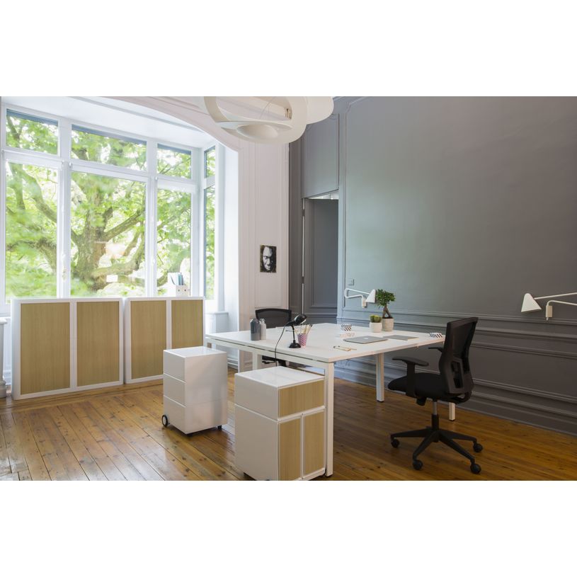 3660141930184-Armoire mi-haute à rideaux EASY OFFICE - 110 x 104 x 41,5 cm - Corps et poignée blanc - Rideaux imita--1