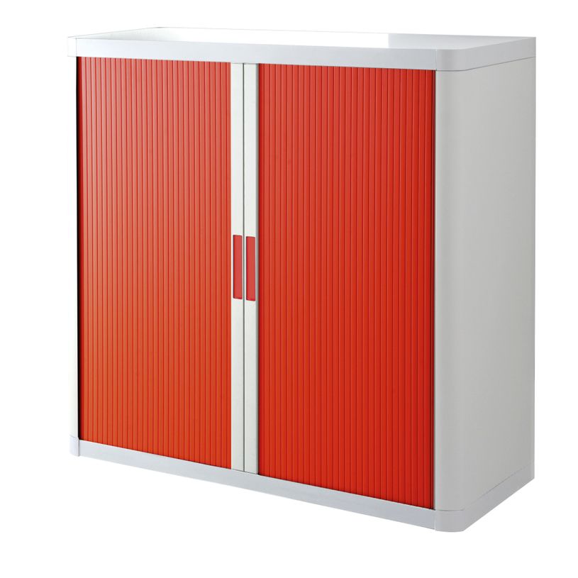 3660141930191-Armoire mi-haute à rideaux EASY OFFICE - 110 x 104 x 41,5 cm - Corps blanc - Rideaux et poignée rouge--0