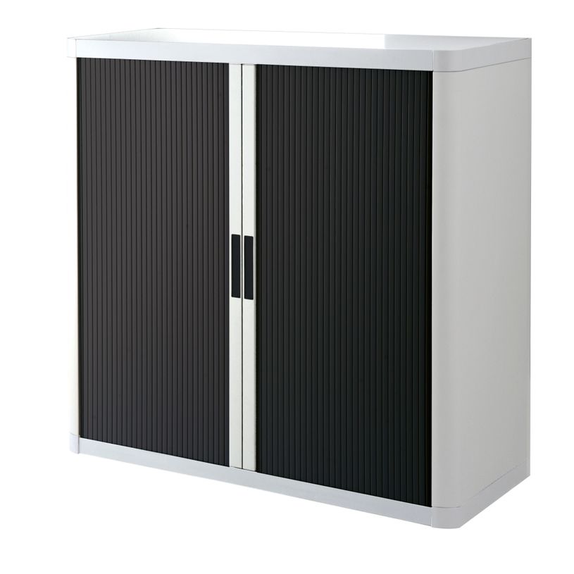 3660141930214-Armoire mi-haute à rideaux EASY OFFICE - 110 x 104 x 41,5 cm - Corps blanc - Rideaux et poignée noir--0