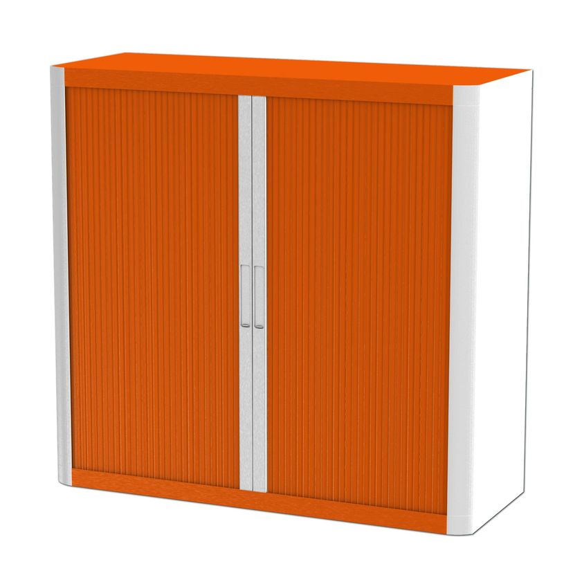 3660141930221-Armoire mi-haute à rideaux EASY OFFICE - 110 x 104 x 41,5 cm - Corps et poignée blanc - Rideaux orang--0
