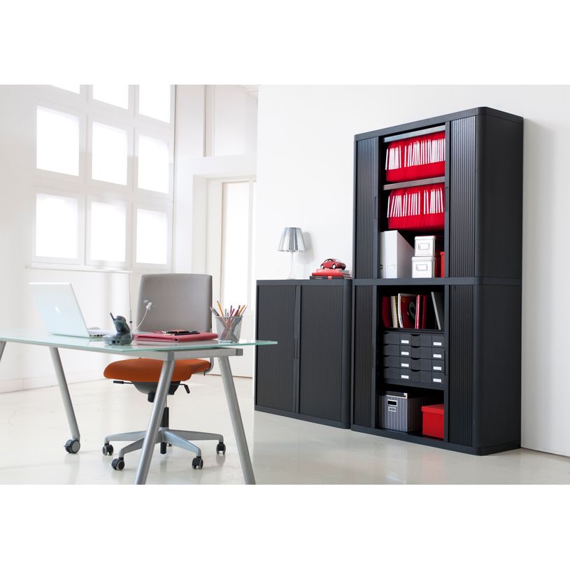 3660141931242-Armoire haute à rideaux EASY OFFICE - 110 x 204 x 41,5 cm - Corps, rideaux et poignée noir--2