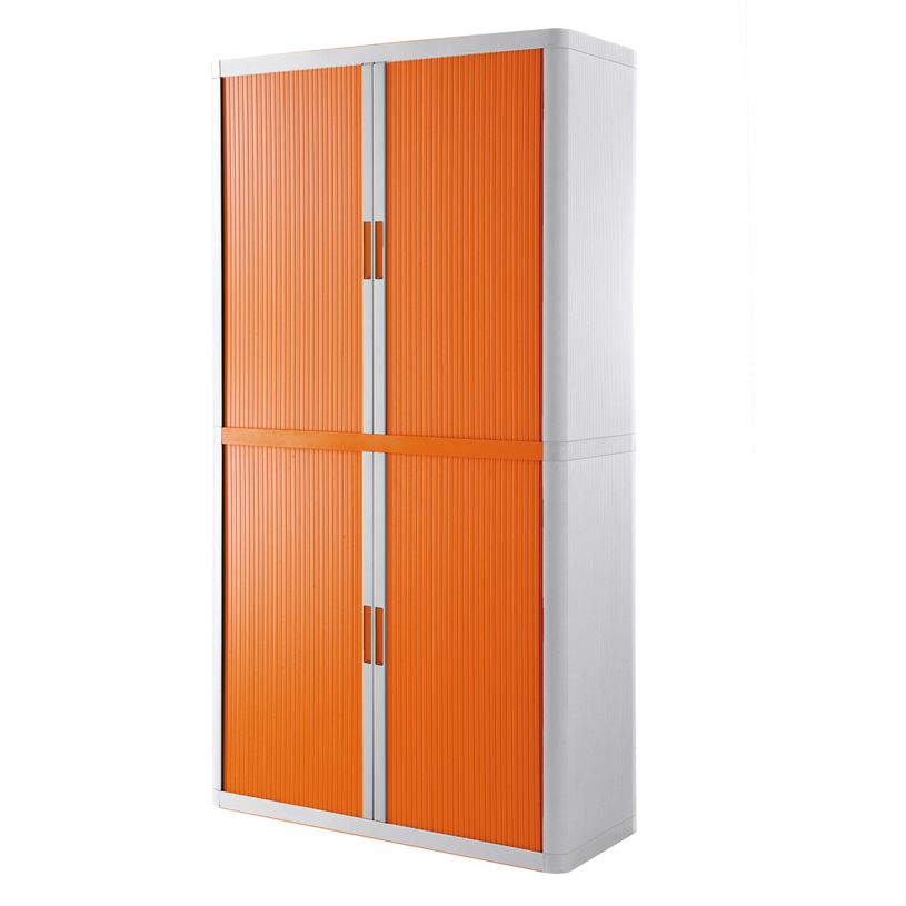 3660141929119-Armoire haute à rideaux EASY OFFICE - 110 x 204 x 41,5 cm - Corps blanc - Rideaux et poignée orange--0