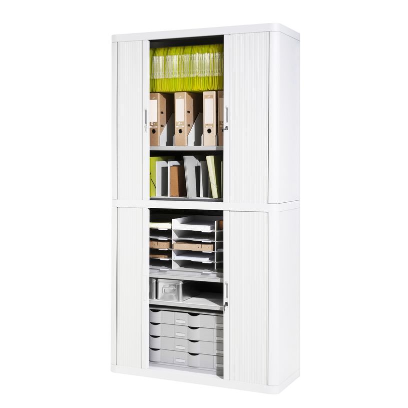 3660141929133-Armoire haute à rideaux EASY OFFICE - 110 x 204 x 41,5 cm - Corps, rideaux et poignée blanc--1
