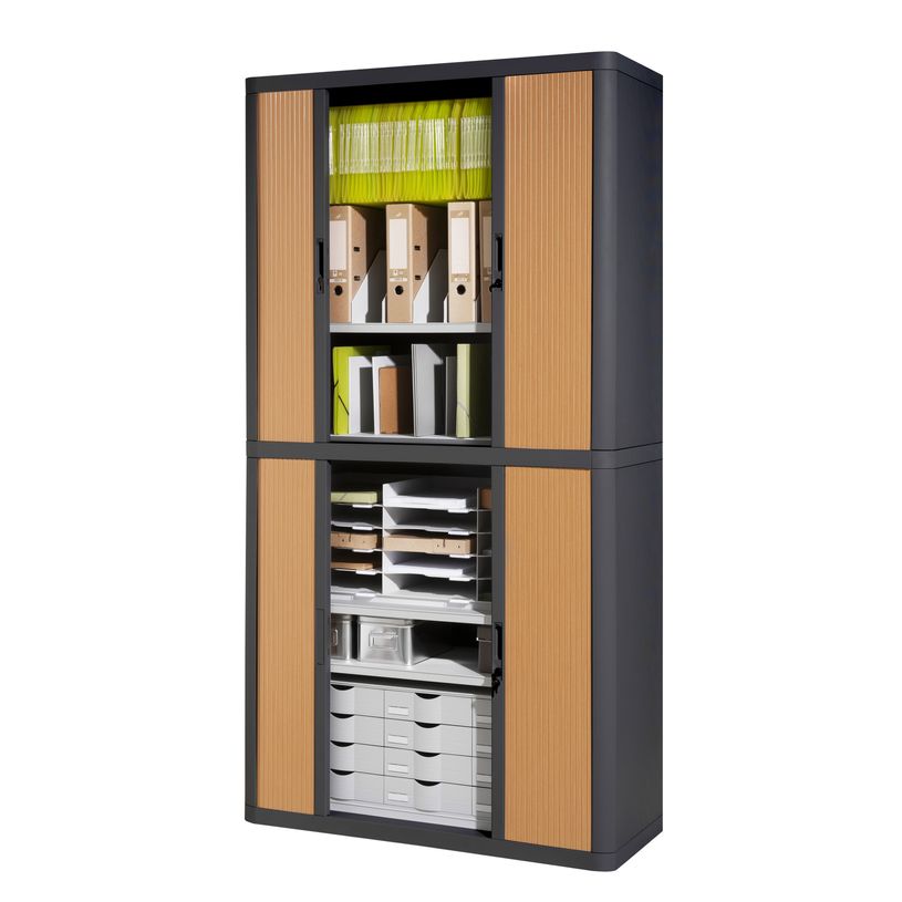 3660141929201-Armoire haute à rideaux EASY OFFICE - 110 x 204 x 41,5 cm - Corps et poignée anthracite - Rideaux imi--1