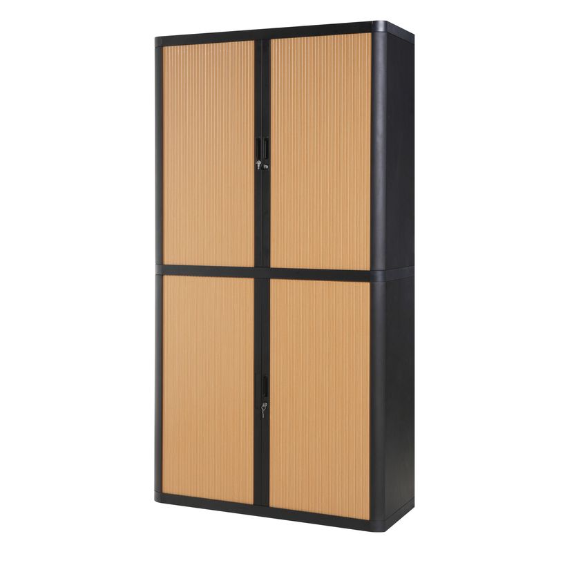 3660141930320-Armoire haute à rideaux EASY OFFICE - 110 x 204 x 41,5 cm - Corps et poignée noir - Rideaux imitation--0