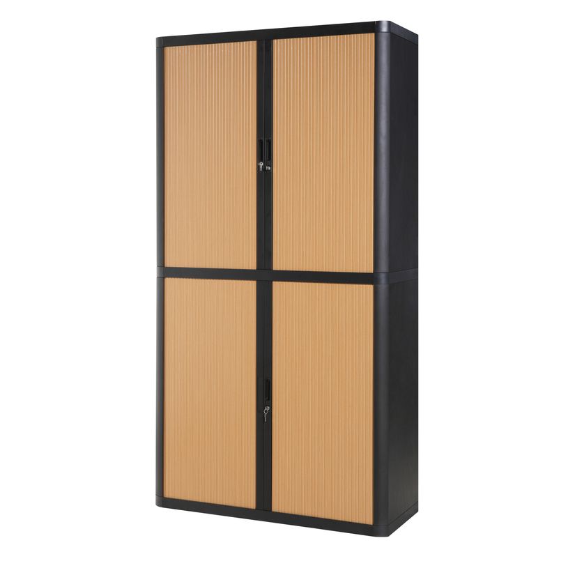 3660141930320-Armoire haute à rideaux EASY OFFICE - 110 x 204 x 41,5 cm - Corps et poignée noir - Rideaux imitation--0