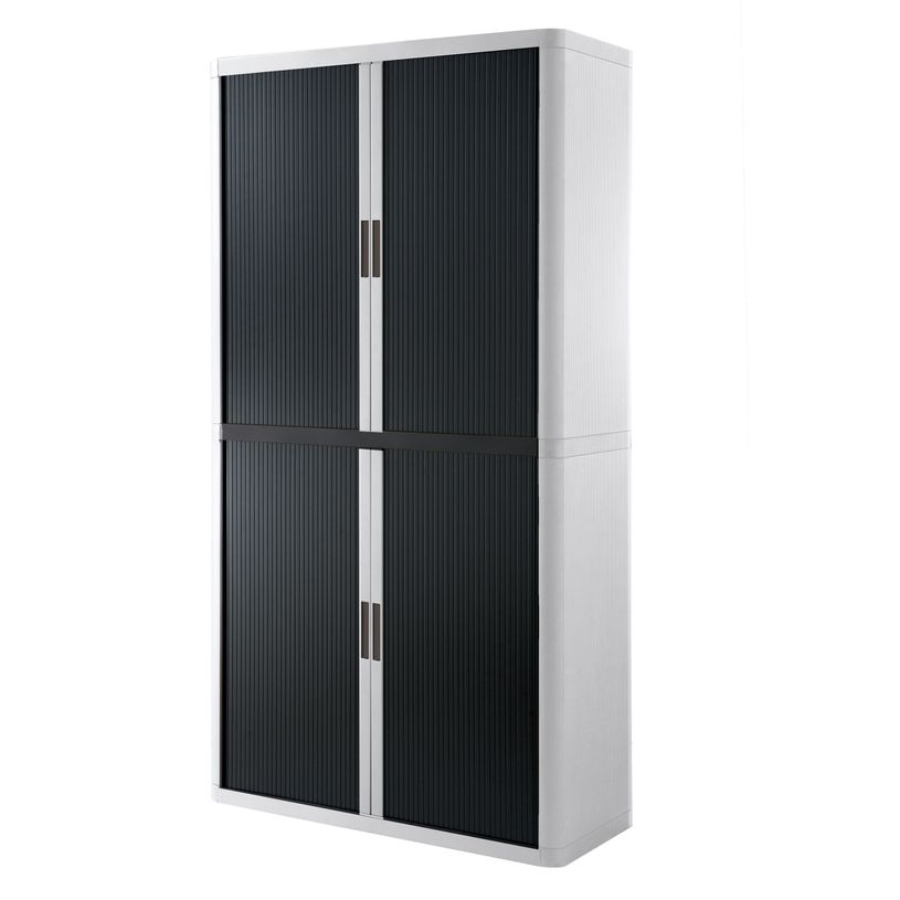 3660141930450-Armoire haute à rideaux EASY OFFICE - 110 x 204 x 41,5 cm - Corps blanc - Rideaux et poignée noir--0