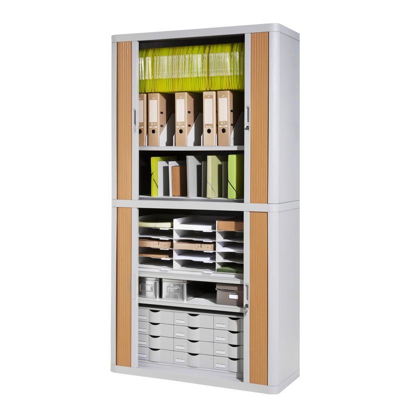 3660141930382-Armoire haute à rideaux EASY OFFICE - 110 x 204 x 41,5 cm - Corps et poignée gris - Rideaux imitation--1