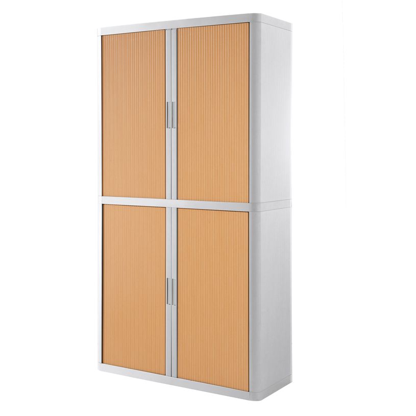 3660141930429-Armoire haute à rideaux EASY OFFICE - 110 x 204 x 41,5 cm - Corps et poignée blanc - Rideaux imitatio--0