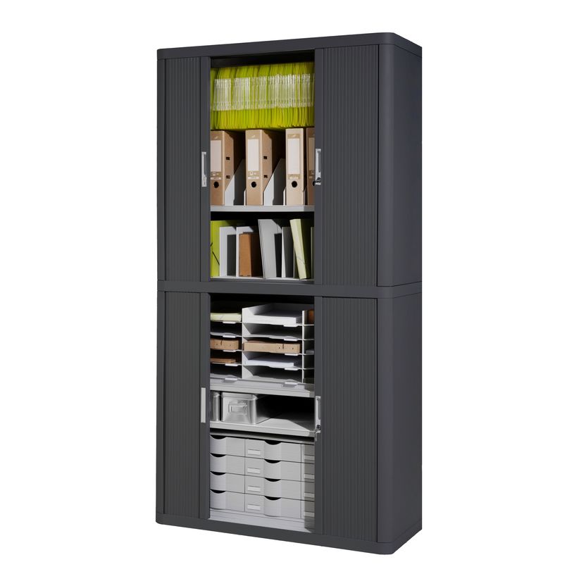 3660141932218-Armoire mi-haute à rideaux EASY OFFICE - 110 x 104 x 41,5 cm - Corps et rideaux anthracite - Poignée --1