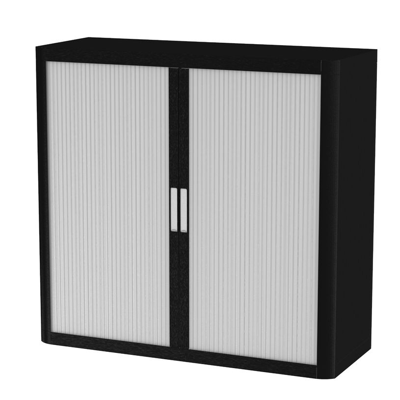 3660141931167-Armoire mi-haute à rideaux EASY OFFICE - 110 x 104 x 41,5 cm - Corps noir - Rideaux et poignée blanc--0