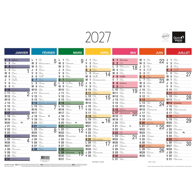 3371010323258-Quo Vadis - Calendrier mural - Français - Arc en ciel - Arc-en-ciel - 13 mois de janvier à janvier - 55x40,5 cm - Papier Clairefontaine blanc - Fabri--0