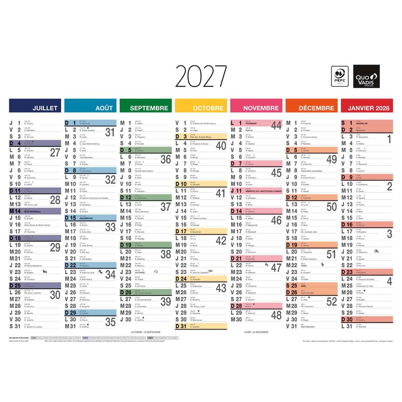 3371010323258-Quo Vadis - Calendrier mural - Français - Arc en ciel - Arc-en-ciel - 13 mois de janvier à janvier - 55x40,5 cm - Papier Clairefontaine blanc - Fabri--1