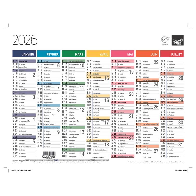 3371010323296-Quo Vadis Arc en Ciel - Calendrier 7 mois par face - 21 x 27 cm--0