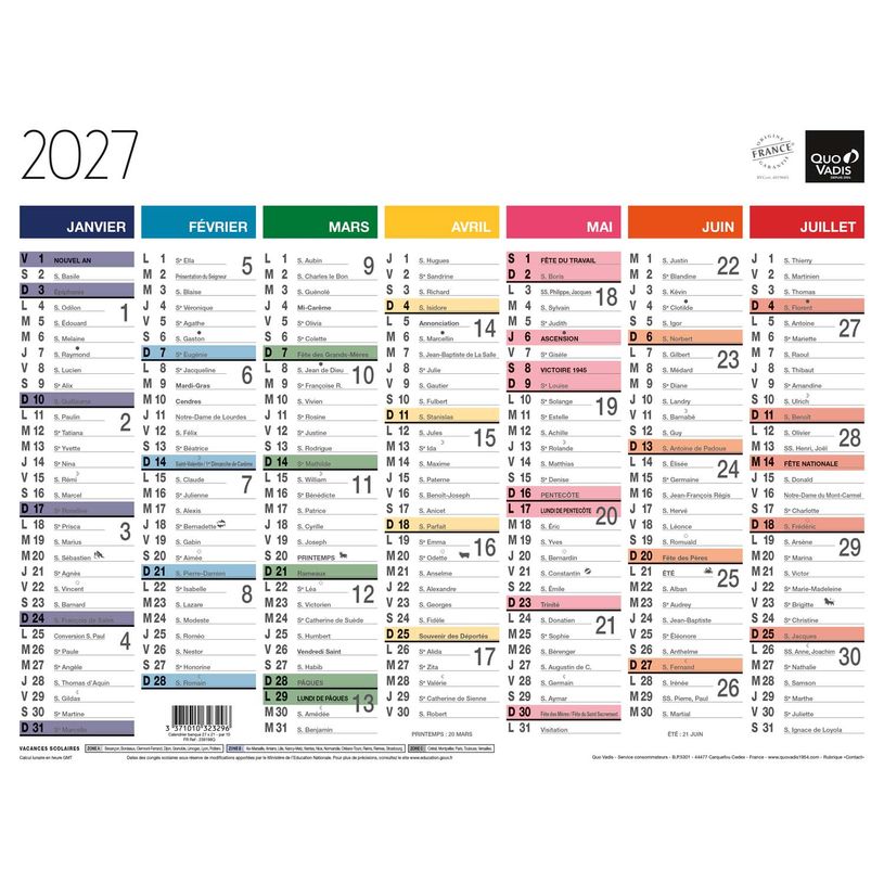 3371010323296-Quo Vadis - Calendrier mural - Français - Arc en ciel - Arc-en-ciel - 13 mois de janvier à janvier - 27x21 cm - Papier Clairefontaine blanc - Fabri--0