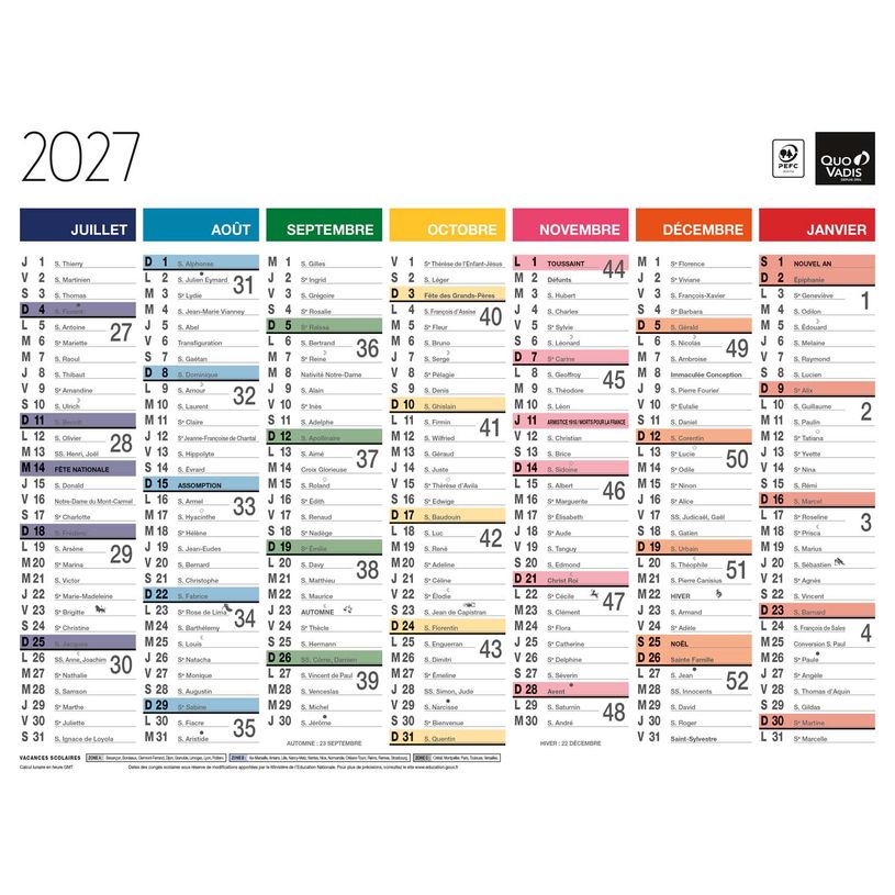 3371010323296-Quo Vadis - Calendrier mural - Français - Arc en ciel - Arc-en-ciel - 13 mois de janvier à janvier - 27x21 cm - Papier Clairefontaine blanc - Fabri--1