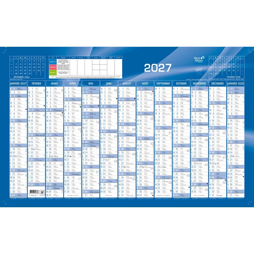 3371017523583-Quo Vadis - Calendrier mural - Français - Classic - Bleu - 13 mois de janvier à janvier - 65x40,5 cm - Papier Clairefontaine blanc - Fabri--0