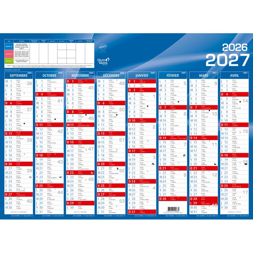 3371017524665-Quo Vadis - Calendrier mural - 2026-2027 - Français - Classic - Bleu - 16 mois de septembre à décembre - 55x40,5 cm - Papier Clairefontaine blanc - Fabri--0