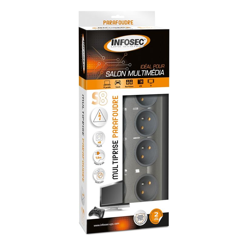 3700085612729-INFOSEC S8 - Multiprise parafoudre 8 prises - parasurtenseur 2500 W--1