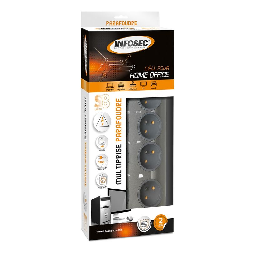 3700085612736-INFOSEC S8 LAN TV - Multiprise parafoudre 8 prises - parasurtenseur 2500 W--1