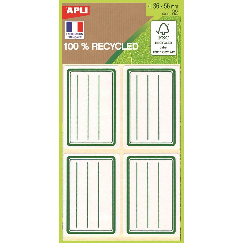 3270241013436-Apli Agipa - 32 Étiquettes scolaires 100% recyclées cadre et lignes verts - 36 x 56 mm - -P_79367239_1-0