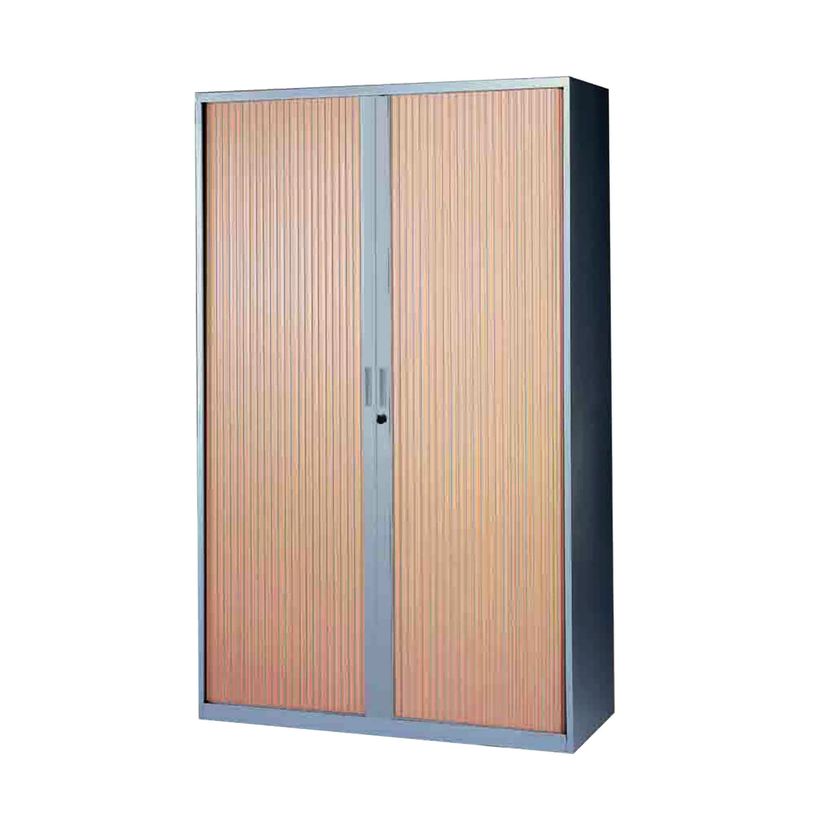 3700339871582-Armoire haute à rideaux - L120  x H198 x P43 cm - 4 tablettes - corps silver / porte hêtr-P_79367712_1-0