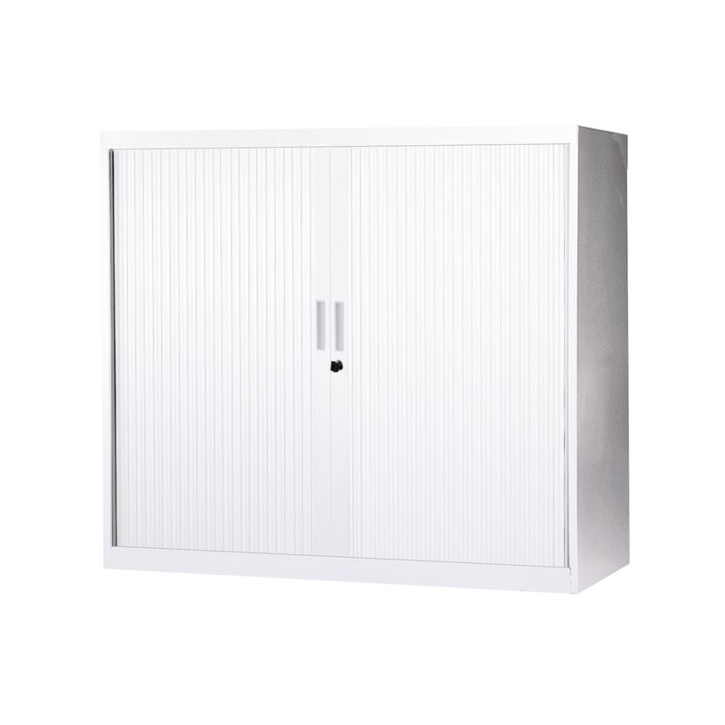 3700339871742-Armoire mi-haute à rideaux - L120  x H105 x P43 cm - 2 tablettes - blanc-P_79367725_1-0
