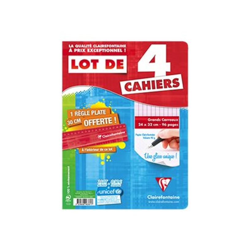 3329686433610-Clairefontaine - 4 Cahiers agrafés - 24 x 32 cm - 96 pages - Grands carreaux - disponible -P_79367736_1-0
