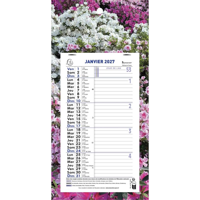 3660942034180-Calendrier mensuel avec feuillets détachables 15,5 x 28,5 cm sur plaque décors Nature 19 x 41 cm  - disponible dans différentes cou--3