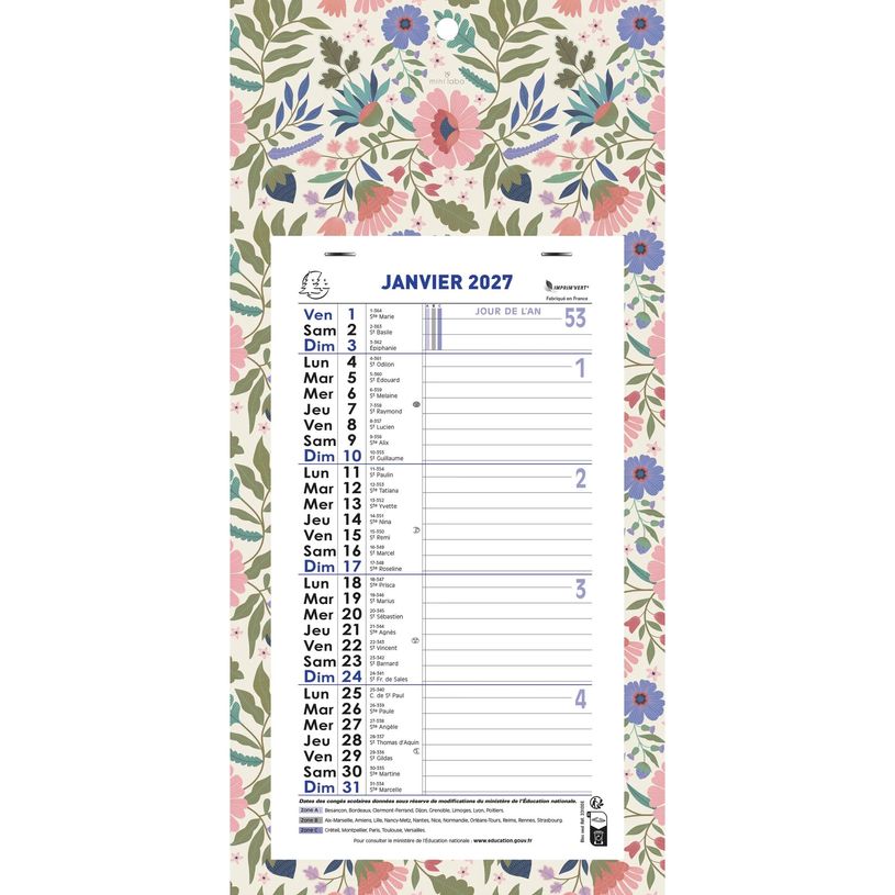 3660942034227-Calendrier mensuel avec feuillets détachables 13 x 23 cm sur plaque décors Mini Labo 16 x 33 cm  - disponible dans différentes cou--0