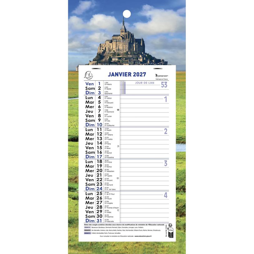 3660942034241-Calendrier mensuel avec feuillets détachables 13 x 23 cm sur plaque décors Nature 16 x 33 cm  - disponible dans différentes cou--2
