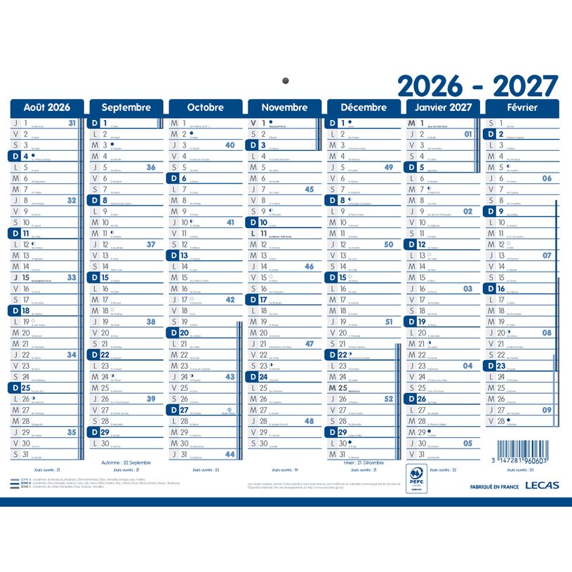 3147281960603-Calendrier Classique LECAS - 42x32 cm - 1 année sur 2 faces - Hamelin--0