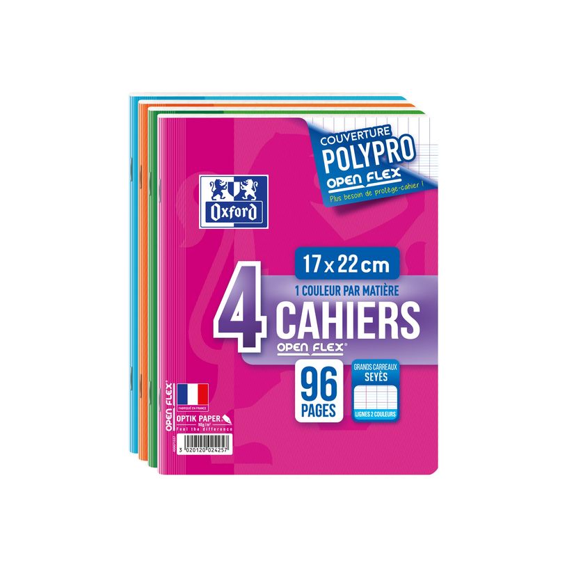 3020120024257-Oxford Openflex - 4 Cahiers polypro 17 x 22 cm - 96 pages - grands carreaux (Seyes) - coule-P_79375967_1-0