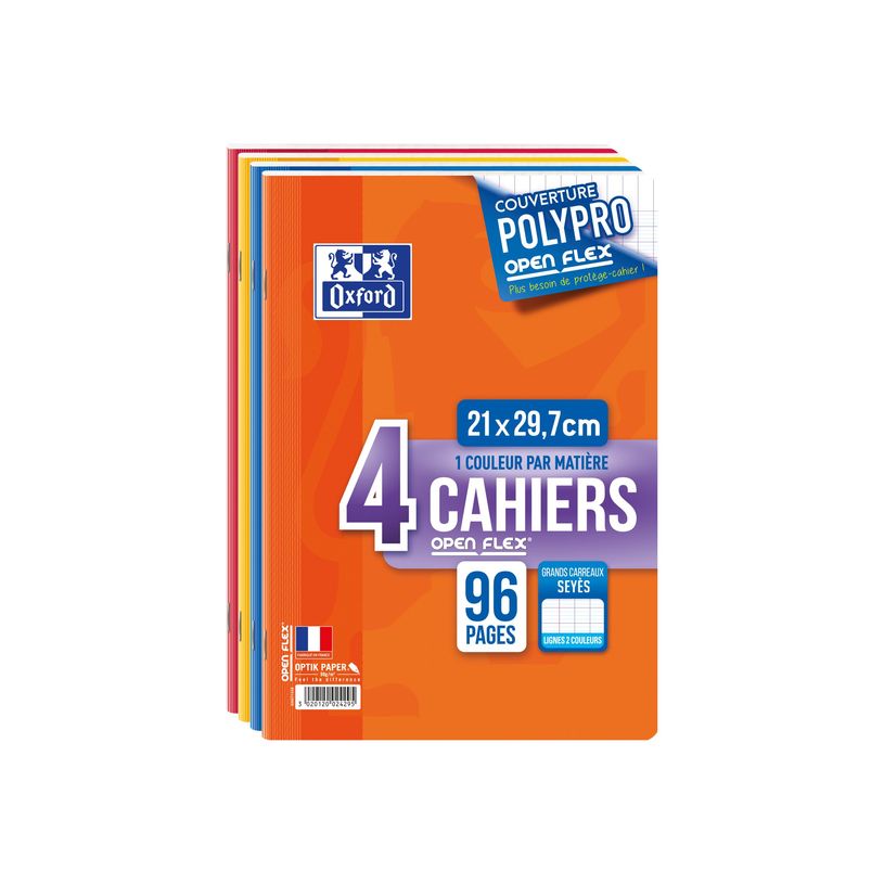 3020120024295-Oxford Openflex - 4 Cahiers polypro A4 (21x29,7 cm) - 96 pages - grands carreaux (Seyes) - -P_79375968_1-0