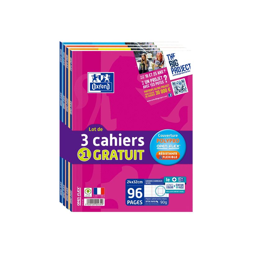 3020120024349-Oxford Openflex - 4 Cahiers polypro 24 x 32 cm - 96 pages - grands carreaux (seyès) - disponib-P_79375969_1-0