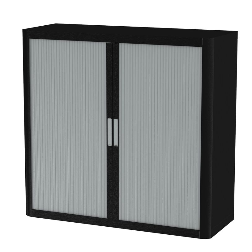3660141933833-Armoire mi-haute à rideaux EASY OFFICE - 110 x 104 x 41,5 cm - Corps noir - Rideaux et poignée gris--0