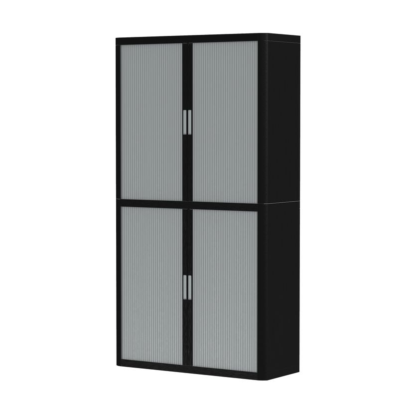 3660141935912-Armoire haute à rideaux EASY OFFICE - 110 x 204 x 41,5 cm - Corps noir - Rideaux et poignée gris--0