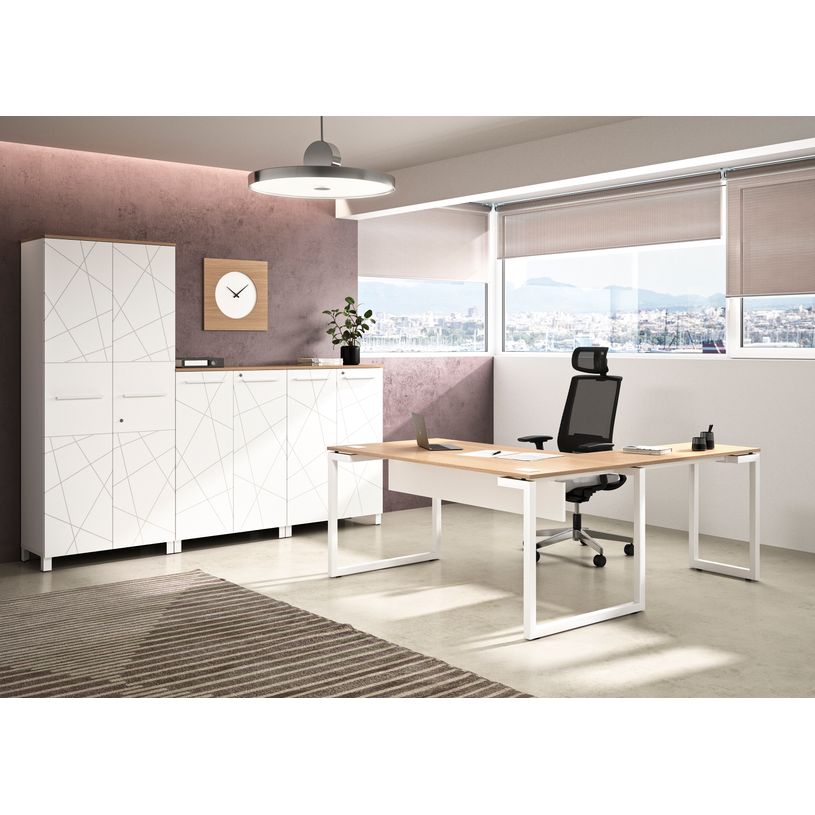 2012348126340-Rangement mi-hauteur SUNDAY - L80 x H116 x P42 - 2 portes vitrées - Chêne et blanc-P_79380163_2-1