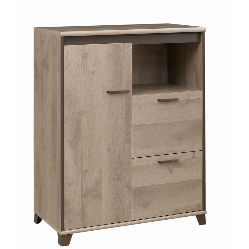 3483600448446-Rangement bas MAMBO - L80 x H112 x P46 - 1 porte / 2 tiroirs - Chêne/chocolat-P_79381468_1-0