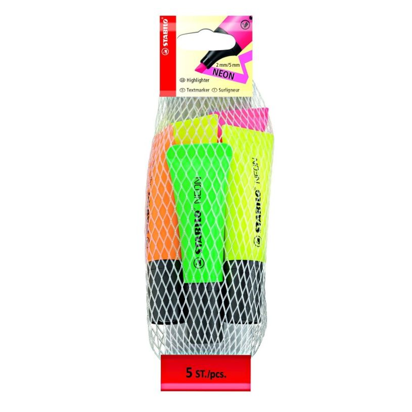 4006381401265-STABILO NEON - Filet 5 Surligneur fluo fluos - orange, 2 jaune, vert, rose-P_79385957_7-0