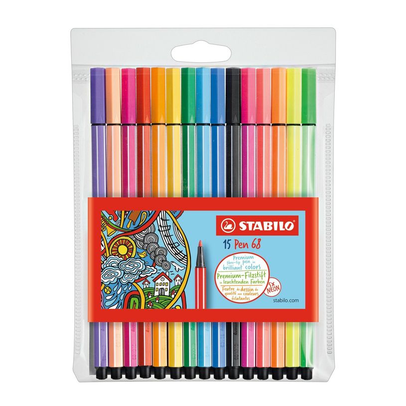 4006381456418-Stabilo Pen 68 - 15 Feutres - couleurs assorties dont 6 fluos-P_79386513_1-0