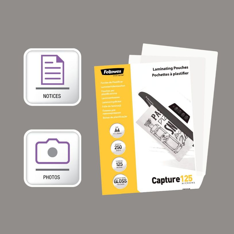 0043859521852-Fellowes - 250 pochettes de plastification A4 (216 x 303 mm) - 125 microns - brillantes --3