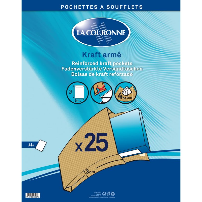 3240180230676-La Couronne - 25 Pochettes Kraft à soufflets - 260 x 330 mm - carré - avec bande (auto-ad-P_79399380_1-0