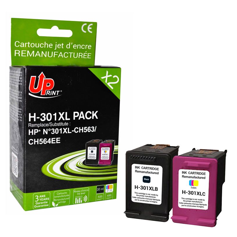 3584770903695-Cartouche remanufacturée HP 301XL - pack de 2 - noir, cyan, magenta, jaune - Uprint--2