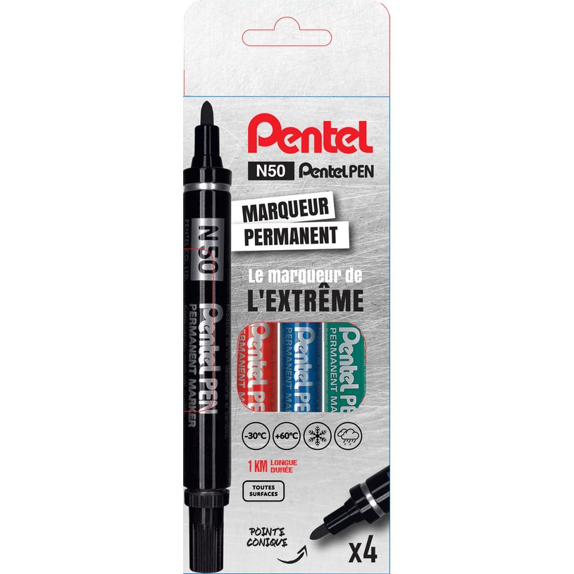 3474374075006-Pentel PEN N50 - Pack de 4 marqueurs permanents - pointe ogive - noir, bleu, rouge et vert-P_79402863_1-0