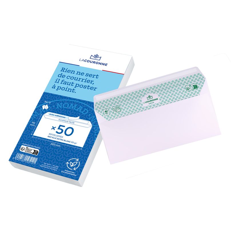 3240180105141-La Couronne - 50 Enveloppes recyclées DL 110 x 220 mm - 80 gr - sans fenêtre - blanc -  b-P_79403270_1-0